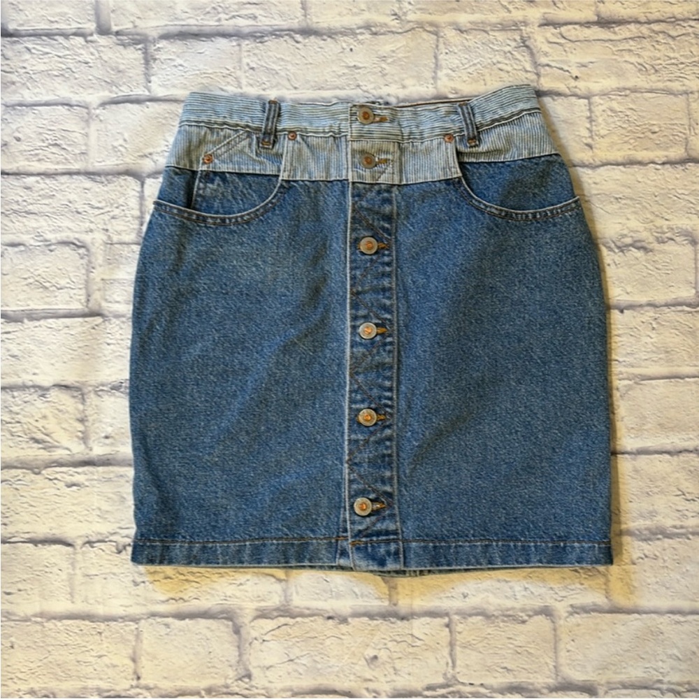 Vintage ENUF Button Front Jean Skirt Two-Tone Blue Denim 100% Cotton Size 7/8